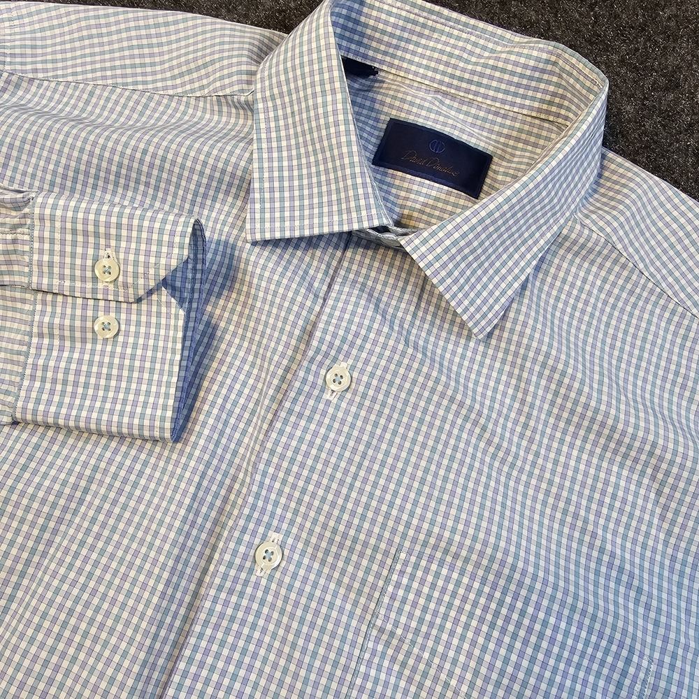 David Donahue Blue Teal Check Dress Shirt Mens XL 100% Cotton Button Front